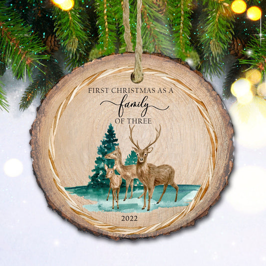 New baby, Family of three ornament, deer ornament,  Christmas ornament, new parents ornament, mommy and daddy, Wood slice