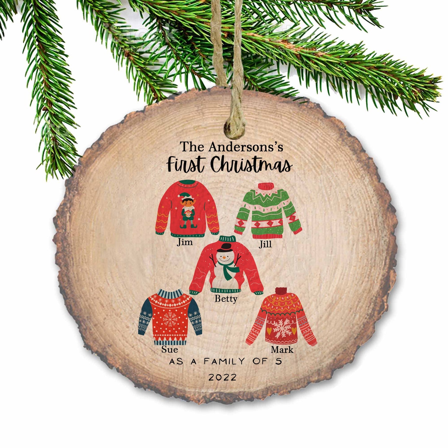 Family of 5 five Christmas ornament, Sweater Christmas ornament, personalized decor, 2022 wooden ornament