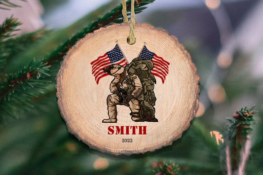 Custom Soldier Backpack Military Christmas ornament, Military ornament, Patriotic decor, Wooden Christmas ornament