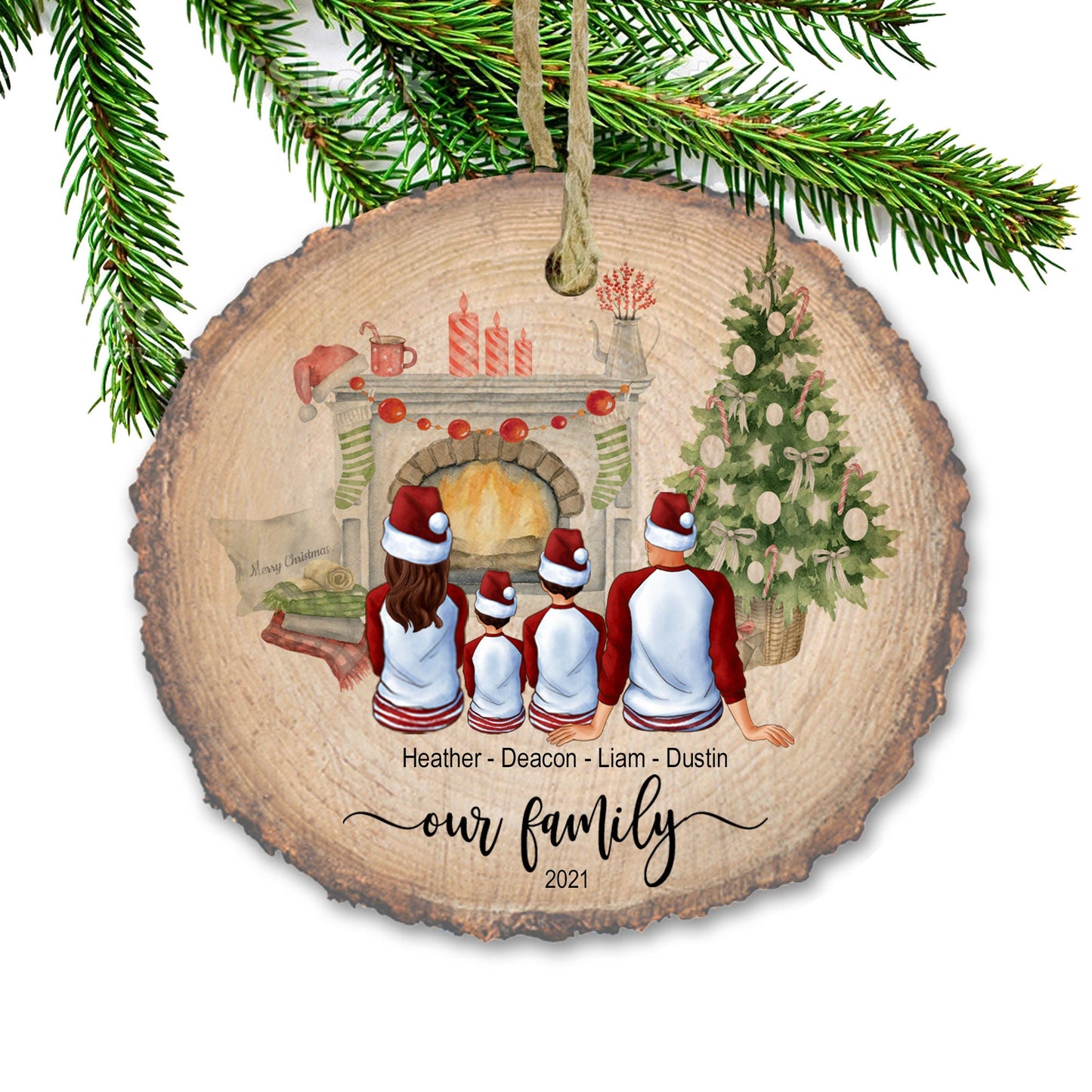 Custom Family Portrait Christmas tree Ornament, Family of  2 3 4 5 6, Personalized Family Ornament, Gift, New Baby, Real Wood Slice Ornament