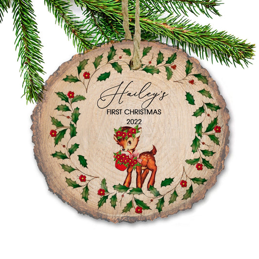 Baby's first Christmas ornament 2022, personalized, vintage deer, Christmas gift, real wood slice ornament 3"