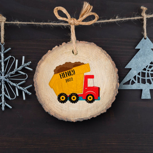 Personalized dumptruck Christmas ornament, Construction ornament, Custom kids dump truck, wooden
