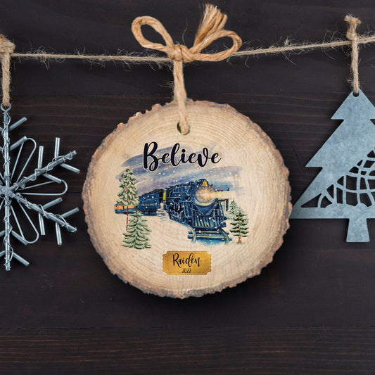 Personalized Polar Christmas Ornament, Believe train ticket stocking stuffer, Christmas gift present, kids ornament  - Real Wood Slice