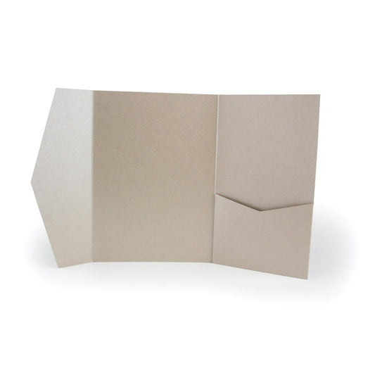 150 Printed and Assembled Wedding Invitation pocketfolds with sand metallic pocket and ivory inserts, envelopes and a sticker for Tara (return address printing)