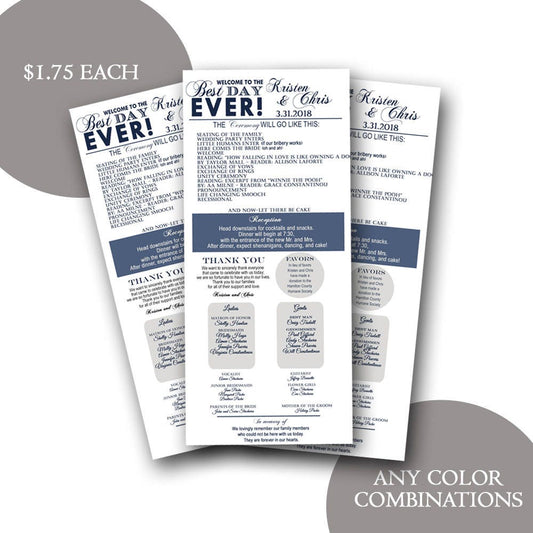Custom Personalized Best Day Ever Wedding Program, Wedding favors, Wedding program, personalized wedding fans, ANY COLOR, info graphic