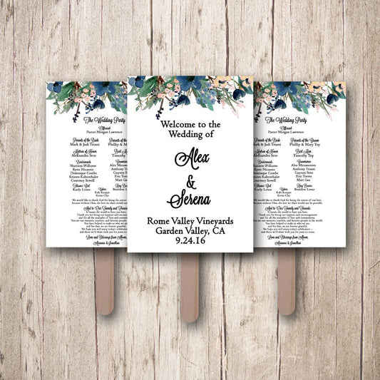 Navy Floral Wedding Fan Programs, Personalized wedding fans, Wedding program fans, wedding fan, fans for wedding, wedding favor fans