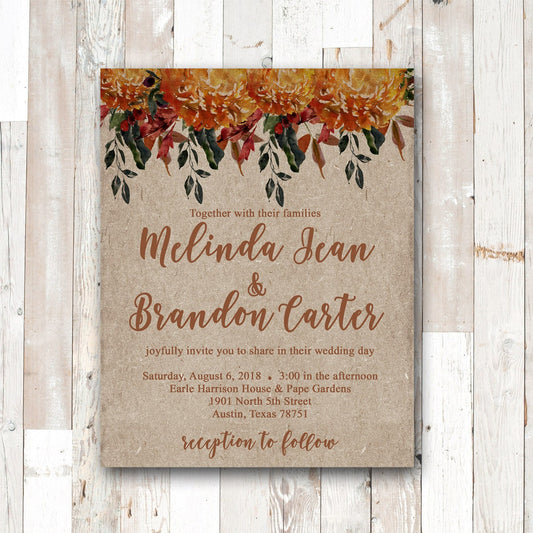 Rustic Fall Wedding Invitation, Wedding Invites, Kraft Wedding Invitations,  Boho Wedding Invitation, Autumn Wedding Suite