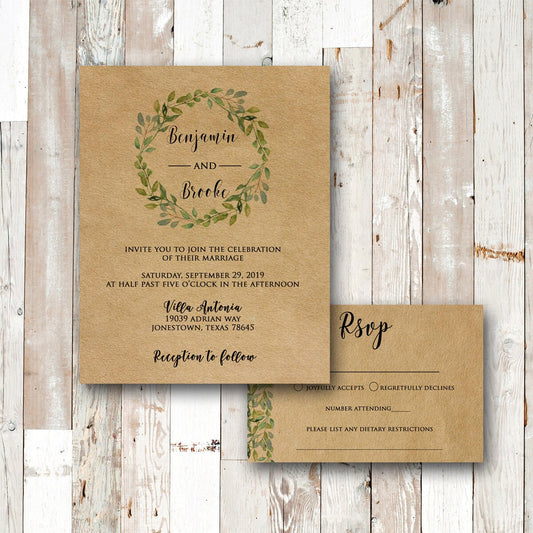 Kraft Wedding Invitations, Invitation set, Rustic Wedding, Wedding invite, Greenery wreath, Invitation suite, Green wreath invite, RSVP