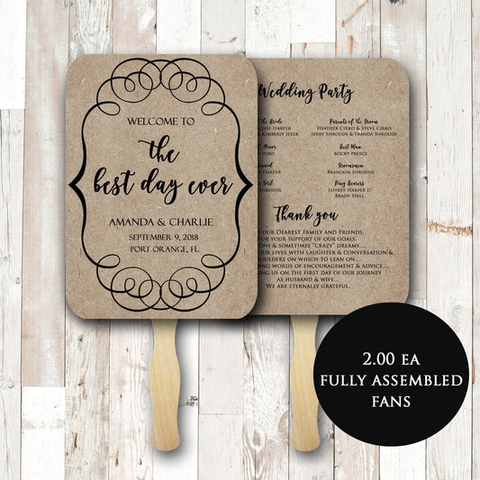 Best Day Ever Wedding Program Fan, Kraft wedding fans, wedding fan program, wedding fan, wedding program, fans for wedding, assembled