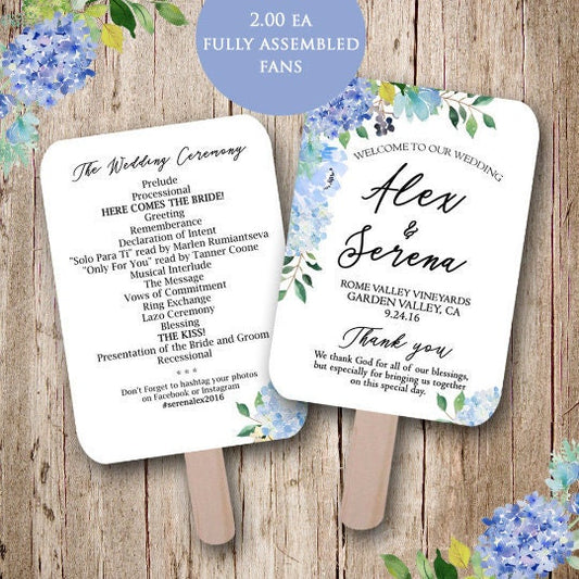 Blue Floral wedding programs, wedding fans, wedding program fans, fans for wedding, personalized wedding fans, fully assembled