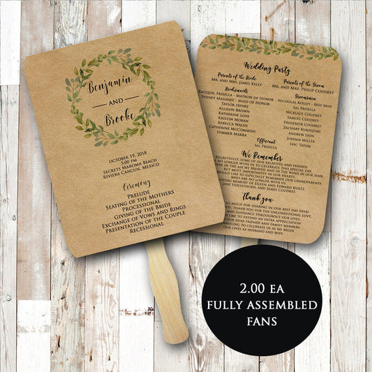 Wedding fans, Rustic Green Wreath Wedding program, Wedding program fan, Wedding fan program, wedding programs, Fully assembled fans