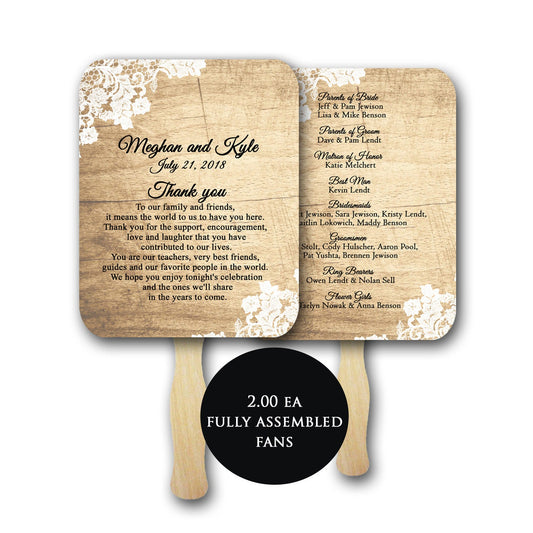 Rustic Program fan, wood and lace, wedding fans, wedding hand fans, wedding program fan assembled, wedding fan, rustic, fans for wedding