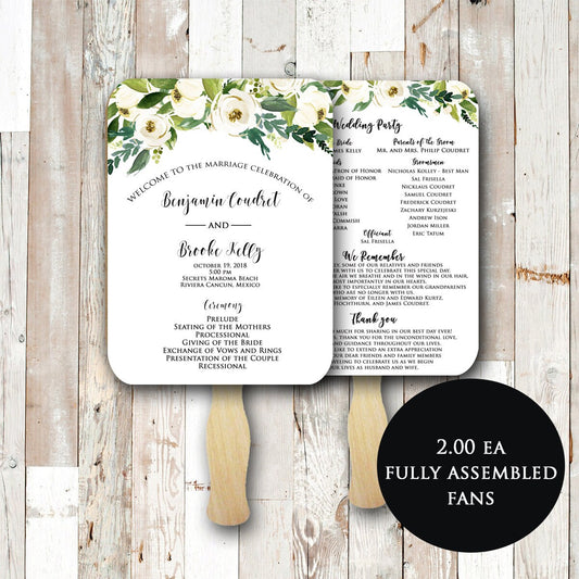 White Floral Wedding Program fan, wedding fans, wedding program, fan programs, assembled, wedding fan, printed program, paper fans, floral
