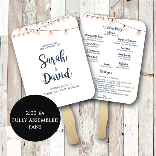 Wedding Program fan, String lights, wedding fans, wedding hand fans, wedding program fan assembled, wedding fan, rustic, fans for wedding