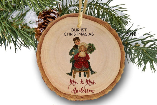 1st Christmas as Mr and Mrs Ornament, Personalized Mr & Mrs Ornament, Newlywed Christmas Ornament, Vintage, Wooden Ornament, Wood Slice
