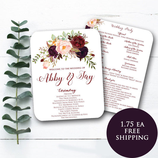 Wedding Program Printed 5x7 - Fall Floral Watercolor Wedding - Gold / Burgundy / Marsala / Wine / Blush Rustic Wedding