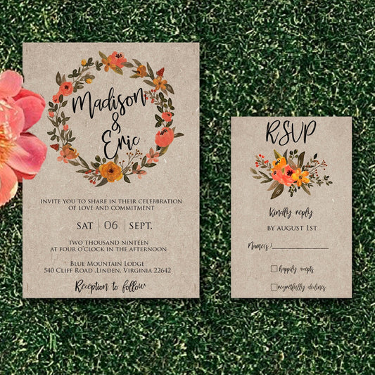 Floral Watercolor Wreath Wedding Invitation Rustic Kraft Coral Green Greenery Leafy Romantic Wedding Floral Wedding Invite