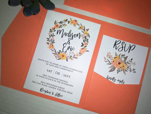 Pocketfold Wedding Invitation Printed Fully Assembled Pocketfold Invite Floral Invitation Coral Wedding Affordable Rustic Floral Pocket fold