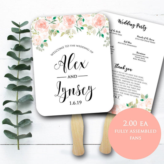 Wedding Program Fans Printed  and fully Assembled with FREE Shipping -  Blush Floral Collection