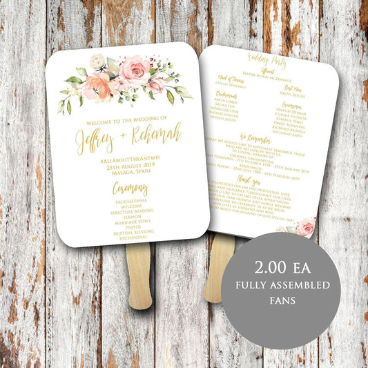 Blush pink floral wedding program fan FULLY ASSEMBLED Blush pink gold Wedding