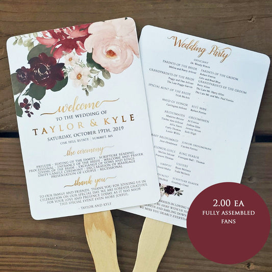 Burgundy wedding program fan, Marsala and blush floral, Wedding fan, wedding fan program, gold, wedding fans, fully assembled