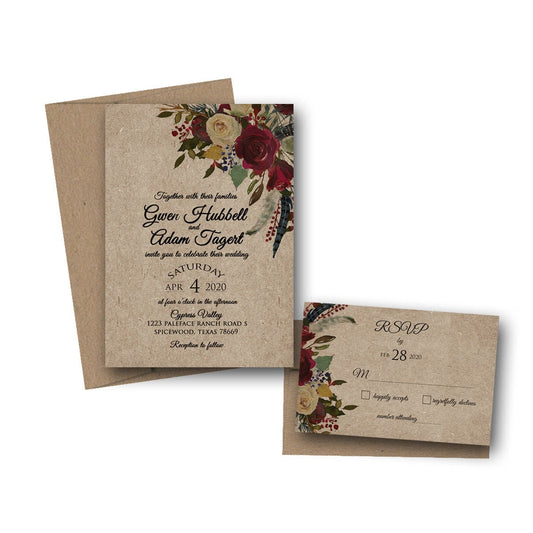 Rustic Wedding Invitation Set for Bohemian Wedding, Marsala Floral Wedding Invitation, Kraft, Country Wedding, Boho Wedding