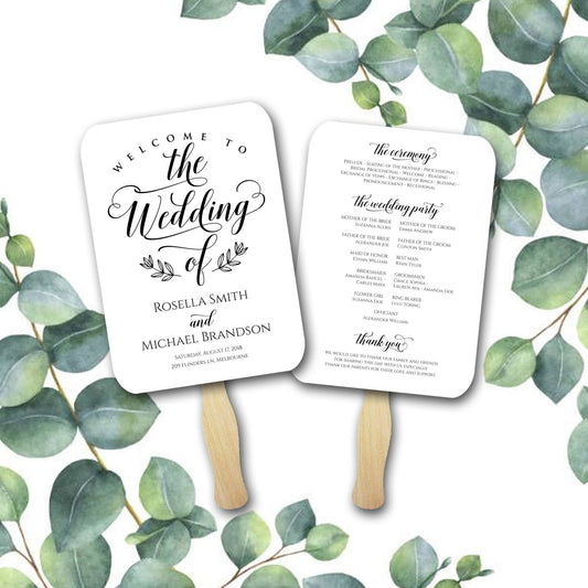 Wedding Program Fan, Printed and Assembled, Simple Wedding