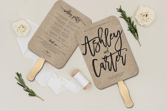 Wedding Program Fans Printed/Assembled with FREE Shipping - Kraft Paper, Modern Wedding, Rustic Wedding