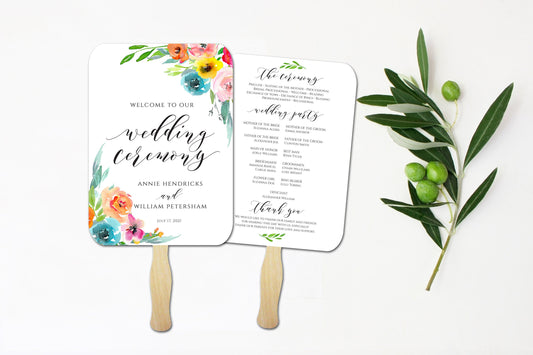 Summer Wedding Program Fan, Printed and Assembled, Elegant, Bright Floral Wedding, Outdoor wedding fan