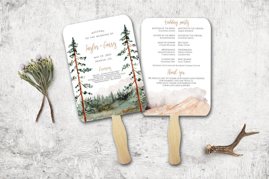 Forest Wedding Fans, Mountain Ceremony Program,  Outdoor Wedding - Printed and Assembled