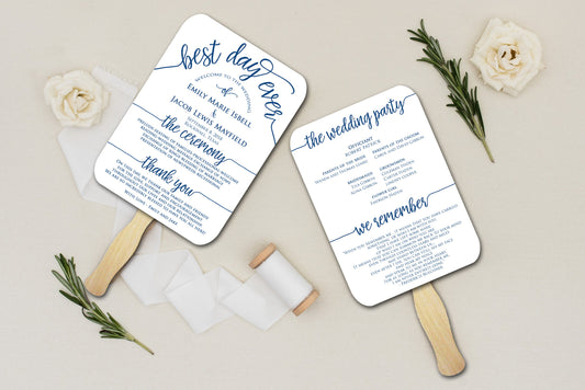 Wedding fans, Wedding program fan assembled, wedding programs, fans for wedding, wedding program fan, wedding hand fans, Blue