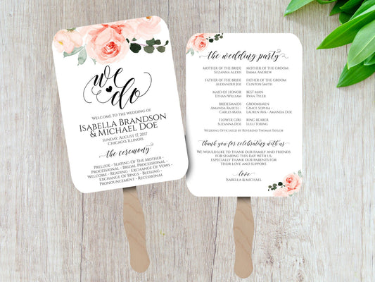 Floral Wedding Program Fan - Printed Wedding Fan - Ceremony Programs - Wedding Programs -  Fully Assembled