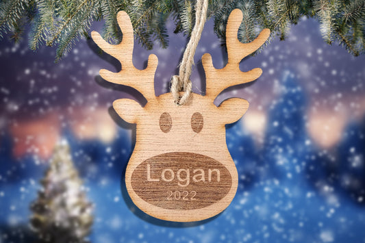 Custom reindeer Christmas ornament, ornament for kids, laser engraved wood, gift tag