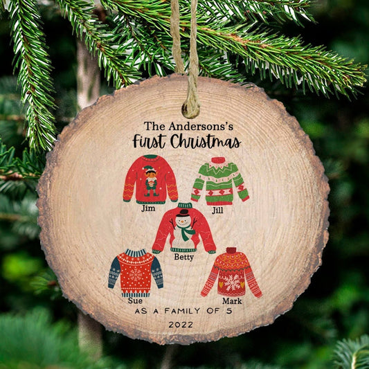 Family of 5 five Christmas ornament, Sweater Christmas ornament, personalized decor, 2022 wooden ornament